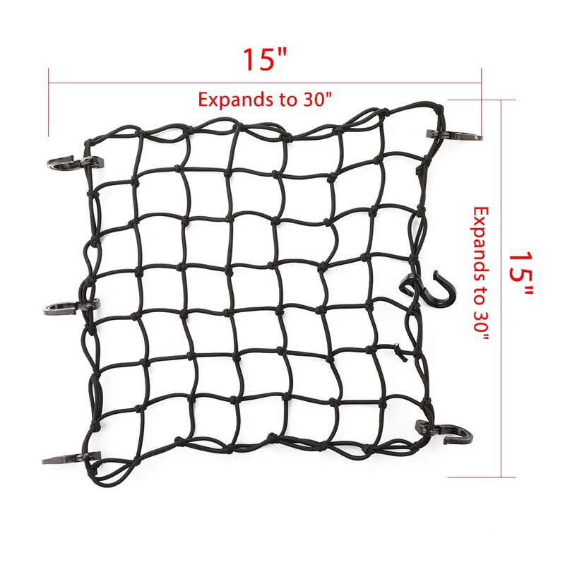 CZC AUTO Black Latex Bungee Cargo Net Stretch to 30"x30" Gear Helmet Luggage Netting with 2"X2" Small Mesh 6 Adjustable Plastic Hooks for Motorcycle Paddleboard Quad Canoe Moped ATV, 15"x15", 2 Pack - Image 2